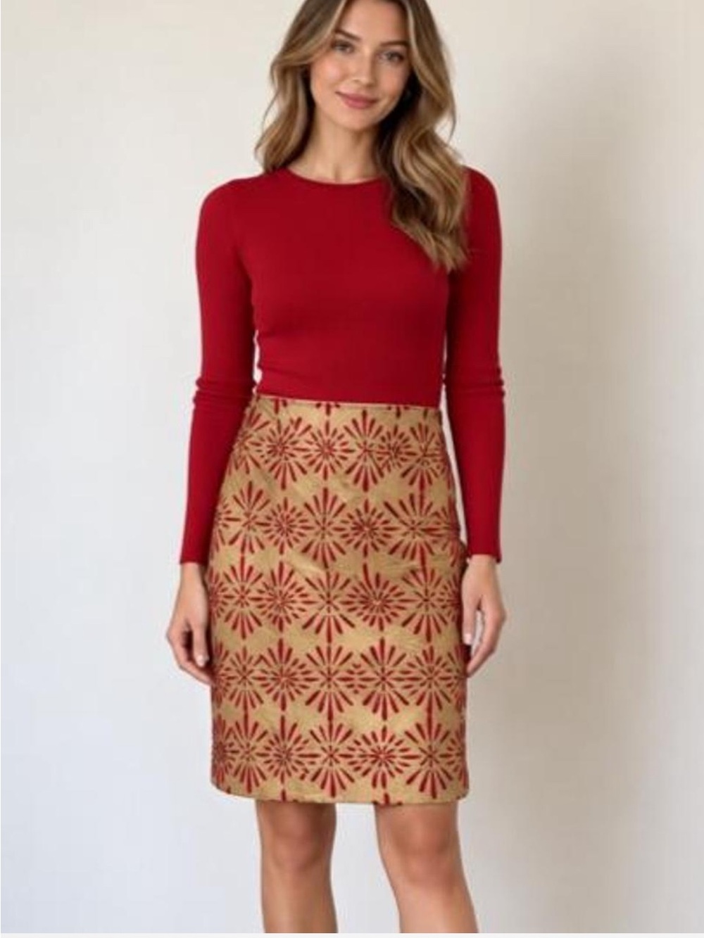 Talbots Skirt Size 8 Embroidered Red Floral Gold Champagne Pencil Skirt Lined